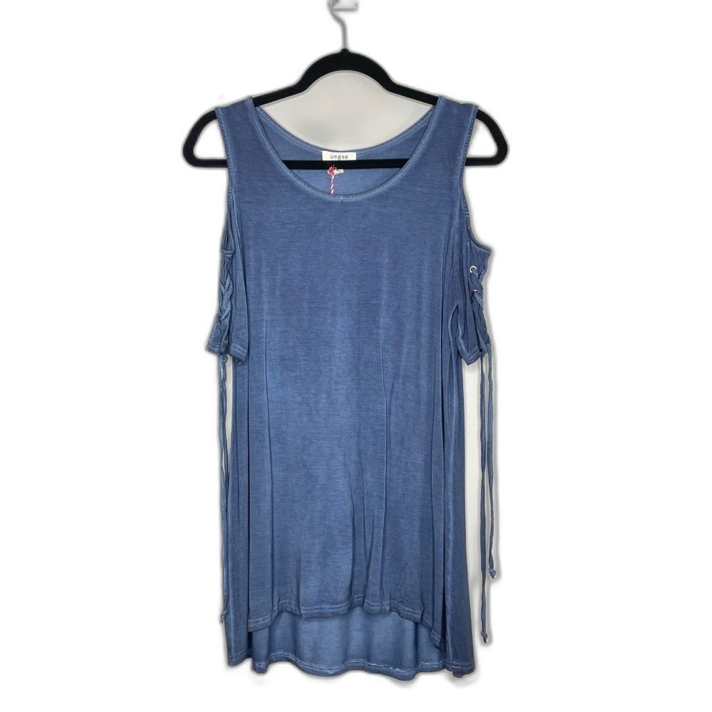 NWT Umgee Stone Wash Blue Cold Shoulder Braided Tunic Size Small